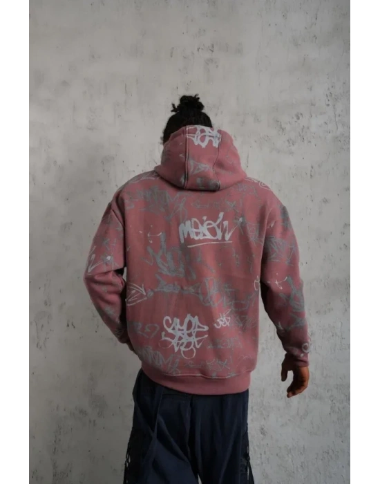 Erkek Baskılı Kapüşonlu Ribanalı weat  Gül Kurusu