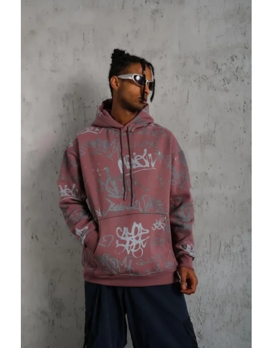 Erkek Baskılı Kapüşonlu Ribanalı weat  Gül Kurusu