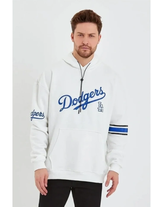 Erkek Baskılı Kapüşonlu Üç İplik Oversize weatshirt  Beyaz