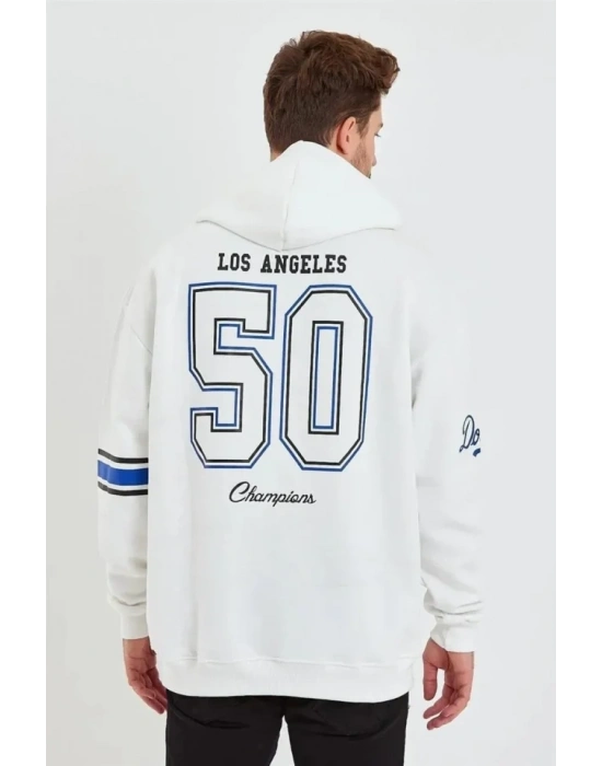 Erkek Baskılı Kapüşonlu Üç İplik Oversize weatshirt  Beyaz