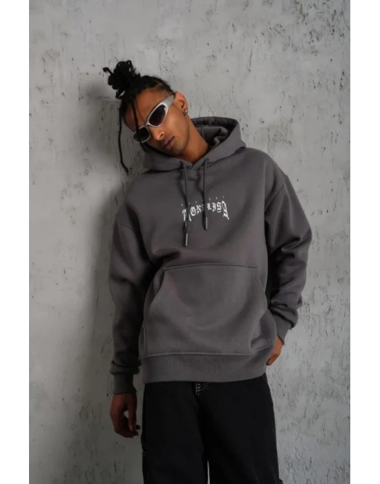 Erkek Baskılı Kapüşonlu Ve Kanguru Cepli weat Gri