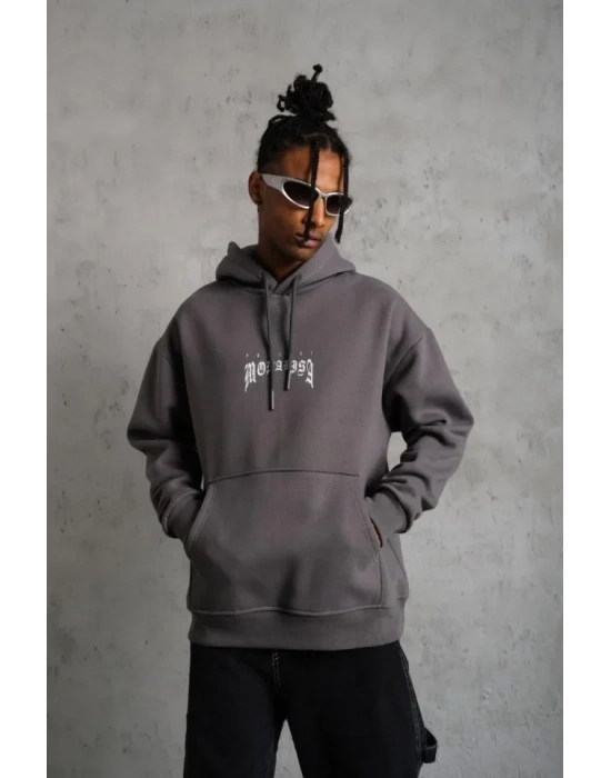 Erkek Baskılı Kapüşonlu Ve Kanguru Cepli weat Gri