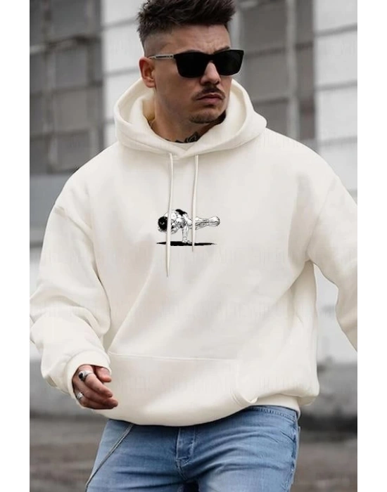 Erkek Baskılı Kapüşonlu Ve Kordon İpli weat  Beyaz