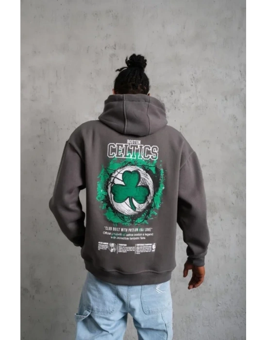 Erkek Baskılı Kapüşonlu Ve Kordon İpli weat  Gri