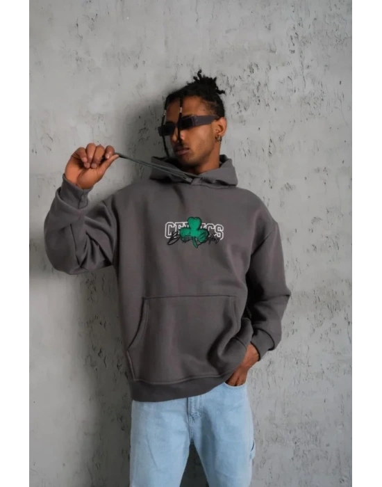 Erkek Baskılı Kapüşonlu Ve Kordon İpli weat  Gri