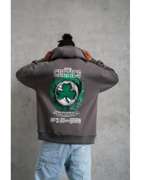 Erkek Baskılı Kapüşonlu Ve Kordon İpli weat  Gri