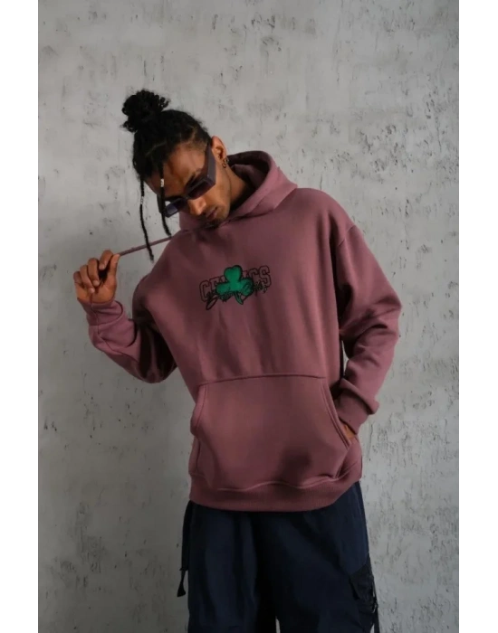 Erkek Baskılı Kapüşonlu Ve Kordon İpli weat  Gül Kurusu