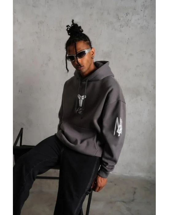 Erkek Baskılı Kapüşonlu weat  Gri
