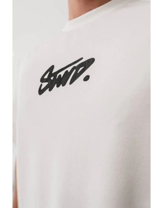 Erkek Baskılı Oversize Tshirt  Beyaz