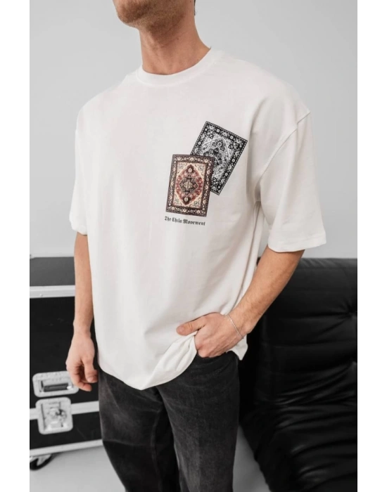 Erkek Baskılı Oversize Tshirt  Beyaz