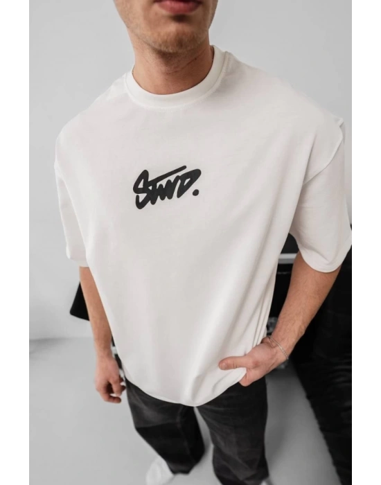 Erkek Baskılı Oversize Tshirt  Beyaz