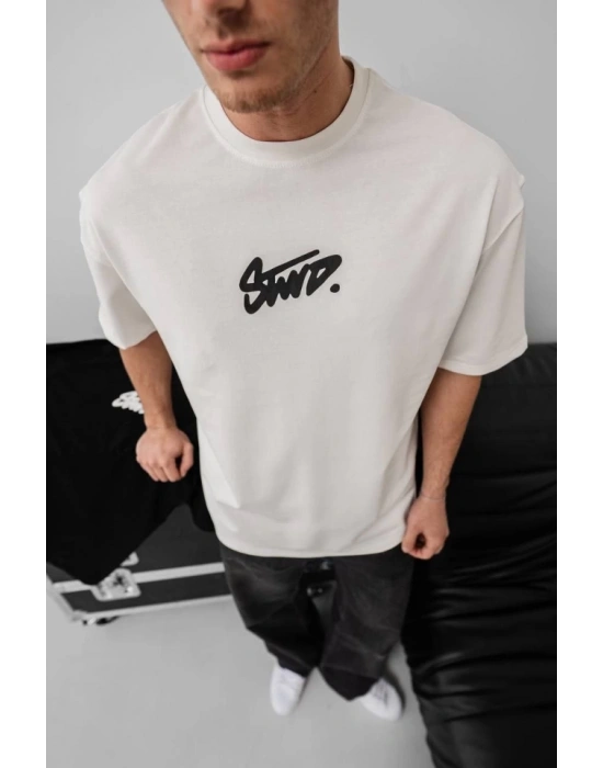 Erkek Baskılı Oversize Tshirt  Beyaz