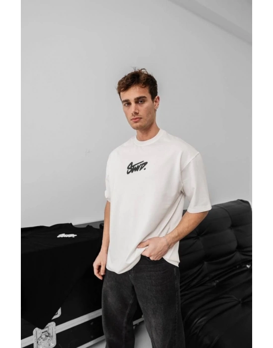 Erkek Baskılı Oversize Tshirt  Beyaz