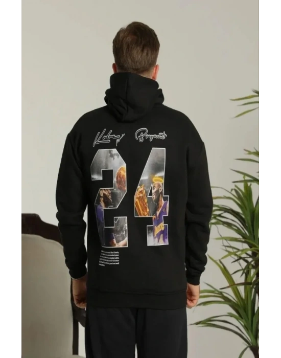 Erkek Baskılı Oversize Üç İplik Kapüşonlu weatshirt  iyah