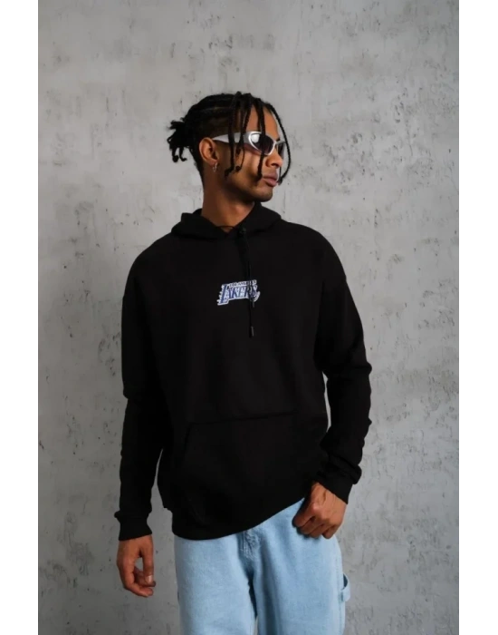 Erkek Baskılı Oversize Üç İplik Kapüşonlu weatshirt  iyah
