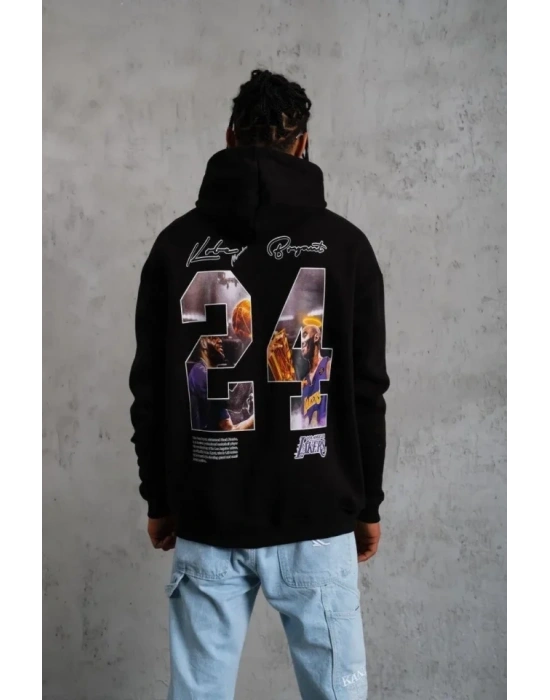 Erkek Baskılı Oversize Üç İplik Kapüşonlu weatshirt  iyah