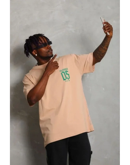 Erkek Baskılı Thirt Kısa Kol Bisiklet Yaka Regular Fit Rahat Kalıp Günlük Tişört  Bej