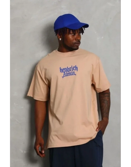 Erkek Baskılı Thirt Kısa Kol Bisiklet Yaka Regular Fit Rahat Kalıp Günlük Tişört  Bej