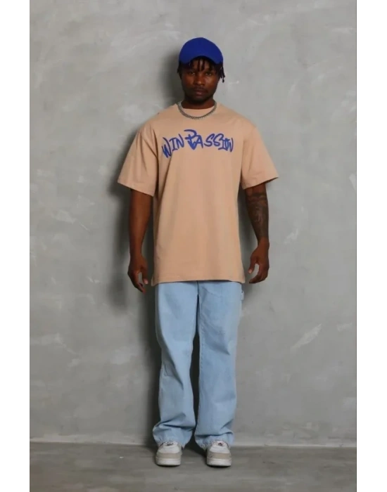 Erkek Baskılı Thirt Kısa Kol Bisiklet Yaka Regular Fit Rahat Kalıp Günlük Tişört  Bej