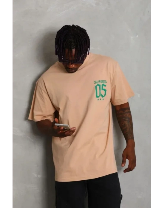 Erkek Baskılı Thirt Kısa Kol Bisiklet Yaka Regular Fit Rahat Kalıp Günlük Tişört  Bej