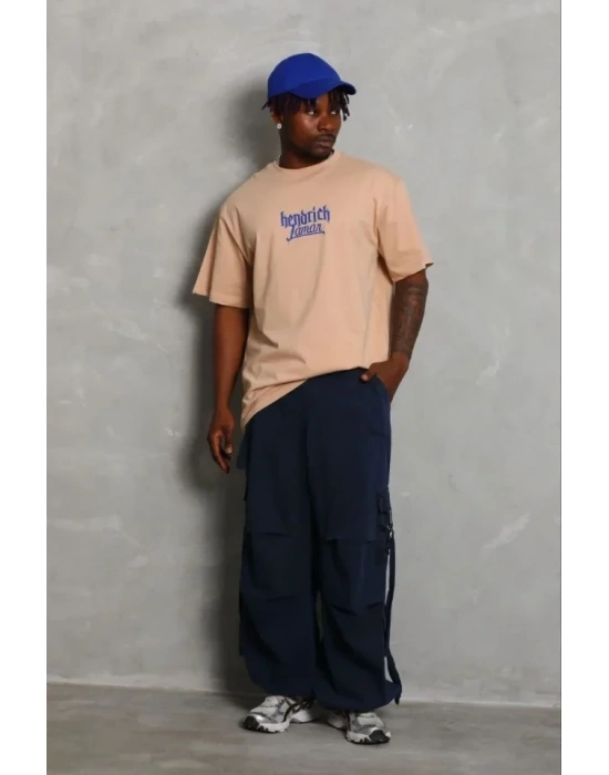 Erkek Baskılı Thirt Kısa Kol Bisiklet Yaka Regular Fit Rahat Kalıp Günlük Tişört  Bej