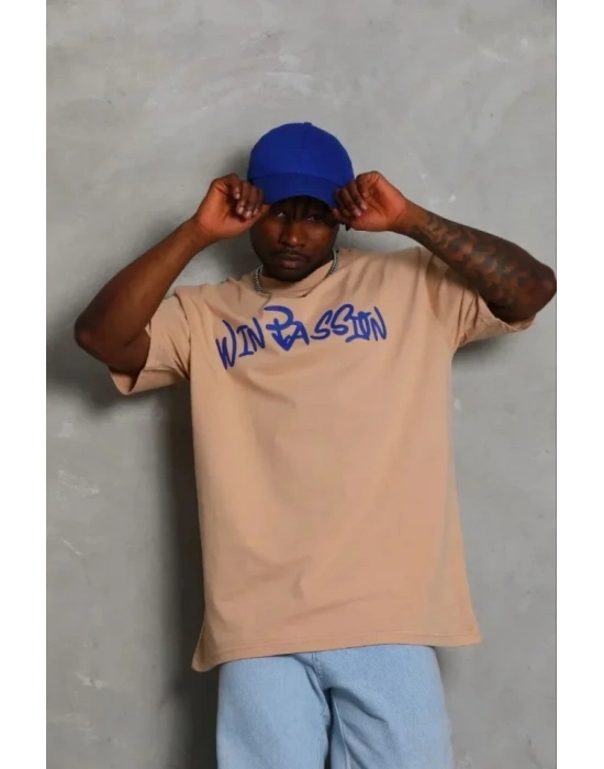 Erkek Baskılı Thirt Kısa Kol Bisiklet Yaka Regular Fit Rahat Kalıp Günlük Tişört  Bej