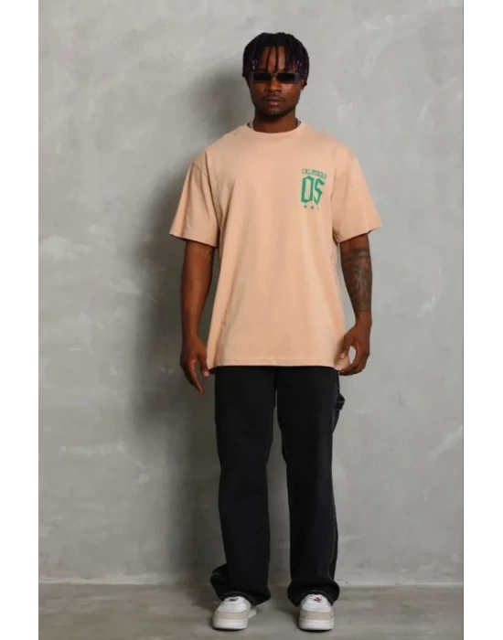 Erkek Baskılı Thirt Kısa Kol Bisiklet Yaka Regular Fit Rahat Kalıp Günlük Tişört  Bej