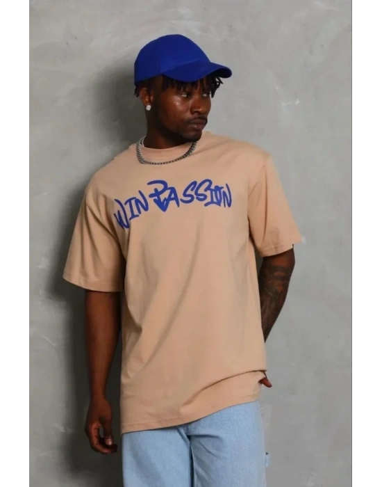 Erkek Baskılı Thirt Kısa Kol Bisiklet Yaka Regular Fit Rahat Kalıp Günlük Tişört  Bej