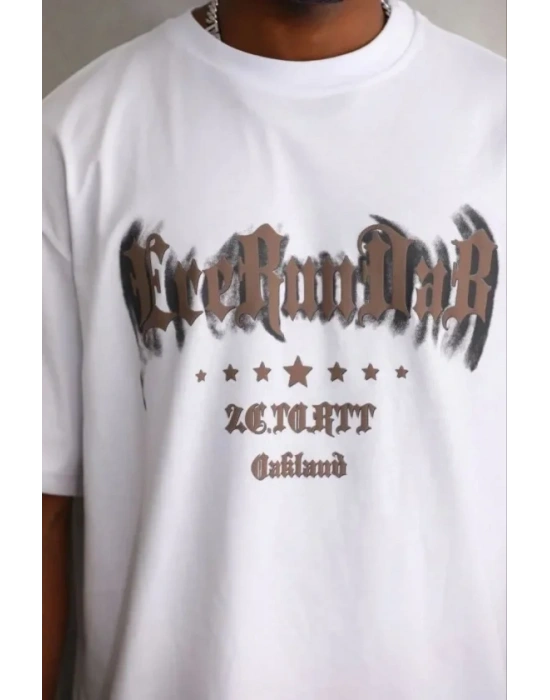 Erkek Baskılı Thirt Kısa Kol Bisiklet Yaka Regular Fit Rahat Kalıp Günlük Tişört  Beyaz