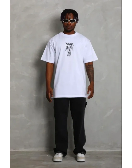 Erkek Baskılı Thirt Kısa Kol Bisiklet Yaka Regular Fit Rahat Kalıp Günlük Tişört  Beyaz