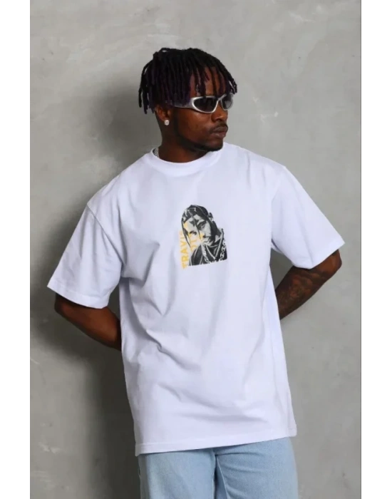 Erkek Baskılı Thirt Kısa Kol Bisiklet Yaka Regular Fit Rahat Kalıp Günlük Tişört  Beyaz