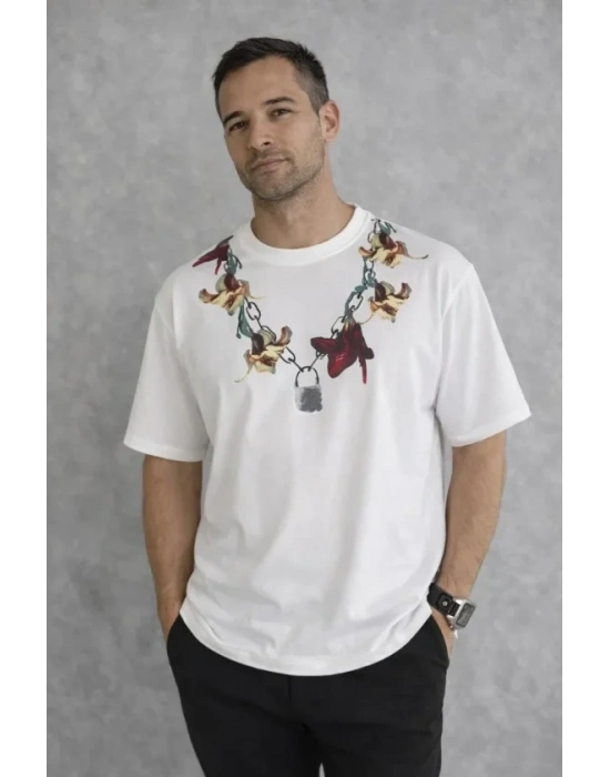 Erkek Baskılı Thirt Kısa Kol Bisiklet Yaka Regular Fit Rahat Kalıp Günlük Tişört  Beyaz