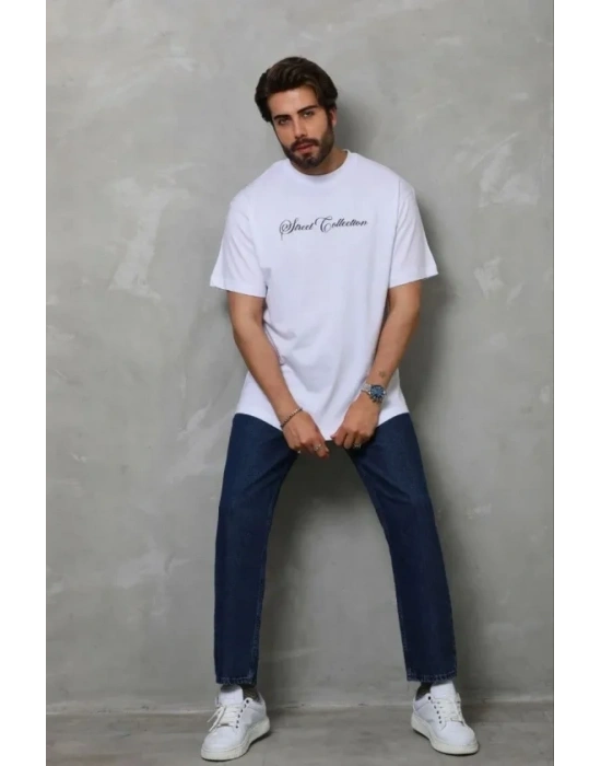 Erkek Baskılı Thirt Kısa Kol Bisiklet Yaka Regular Fit Rahat Kalıp Günlük Tişört  Beyaz