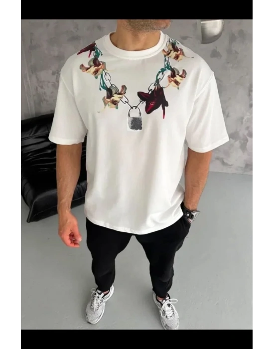 Erkek Baskılı Thirt Kısa Kol Bisiklet Yaka Regular Fit Rahat Kalıp Günlük Tişört  Beyaz
