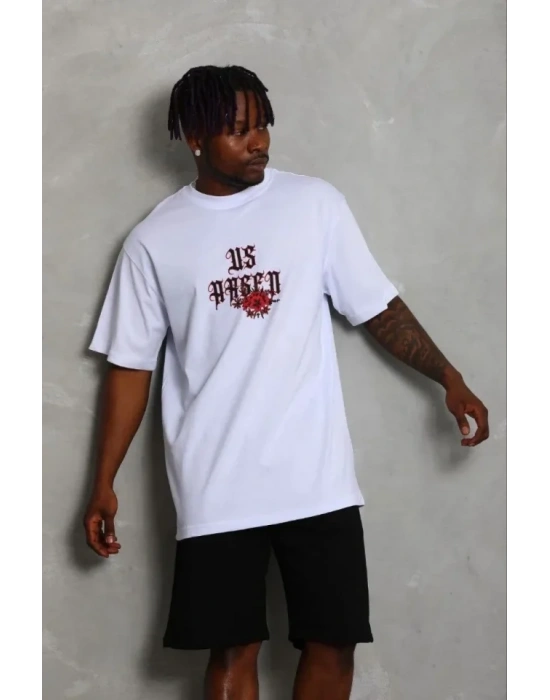 Erkek Baskılı Thirt Kısa Kol Bisiklet Yaka Regular Fit Rahat Kalıp Günlük Tişört  Beyaz