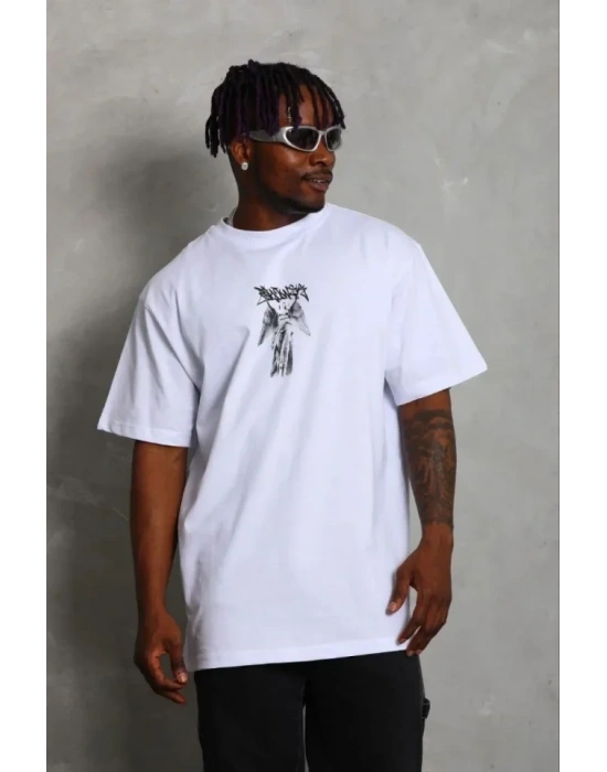 Erkek Baskılı Thirt Kısa Kol Bisiklet Yaka Regular Fit Rahat Kalıp Günlük Tişört  Beyaz