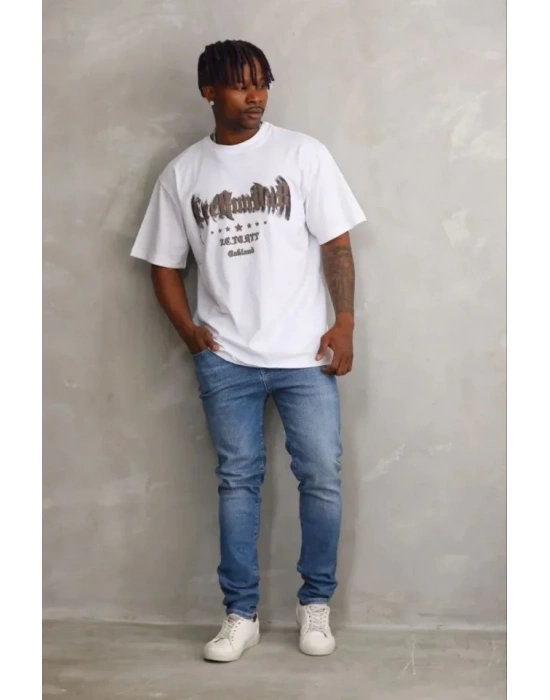 Erkek Baskılı Thirt Kısa Kol Bisiklet Yaka Regular Fit Rahat Kalıp Günlük Tişört  Beyaz