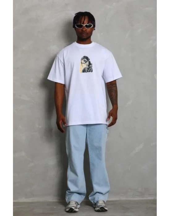 Erkek Baskılı Thirt Kısa Kol Bisiklet Yaka Regular Fit Rahat Kalıp Günlük Tişört  Beyaz