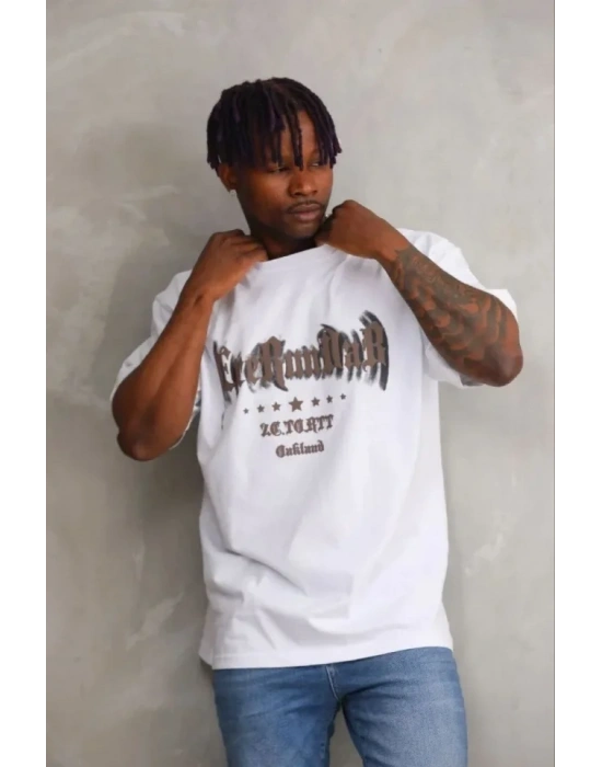 Erkek Baskılı Thirt Kısa Kol Bisiklet Yaka Regular Fit Rahat Kalıp Günlük Tişört  Beyaz