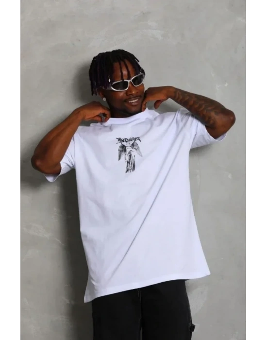 Erkek Baskılı Thirt Kısa Kol Bisiklet Yaka Regular Fit Rahat Kalıp Günlük Tişört  Beyaz