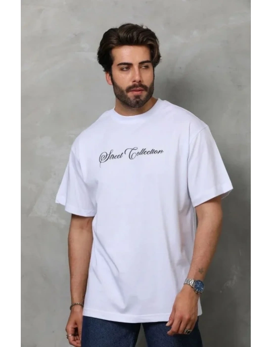 Erkek Baskılı Thirt Kısa Kol Bisiklet Yaka Regular Fit Rahat Kalıp Günlük Tişört  Beyaz