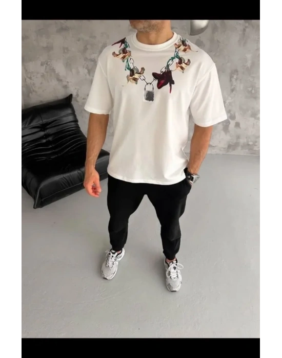 Erkek Baskılı Thirt Kısa Kol Bisiklet Yaka Regular Fit Rahat Kalıp Günlük Tişört  Beyaz