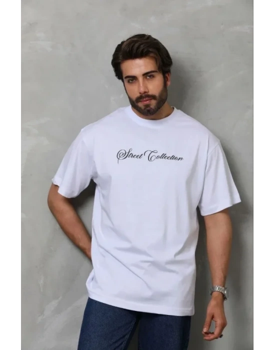 Erkek Baskılı Thirt Kısa Kol Bisiklet Yaka Regular Fit Rahat Kalıp Günlük Tişört  Beyaz