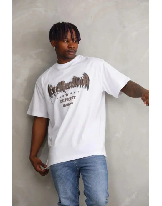 Erkek Baskılı Thirt Kısa Kol Bisiklet Yaka Regular Fit Rahat Kalıp Günlük Tişört  Beyaz