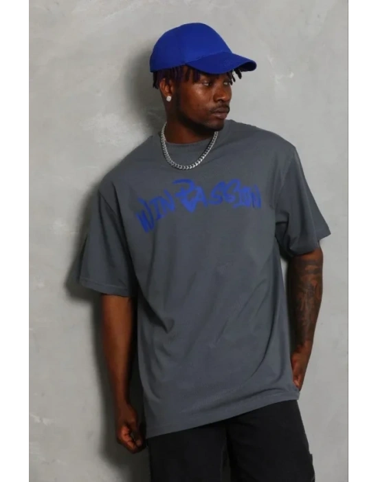 Erkek Baskılı Thirt Kısa Kol Bisiklet Yaka Regular Fit Rahat Kalıp Günlük Tişört  Füme