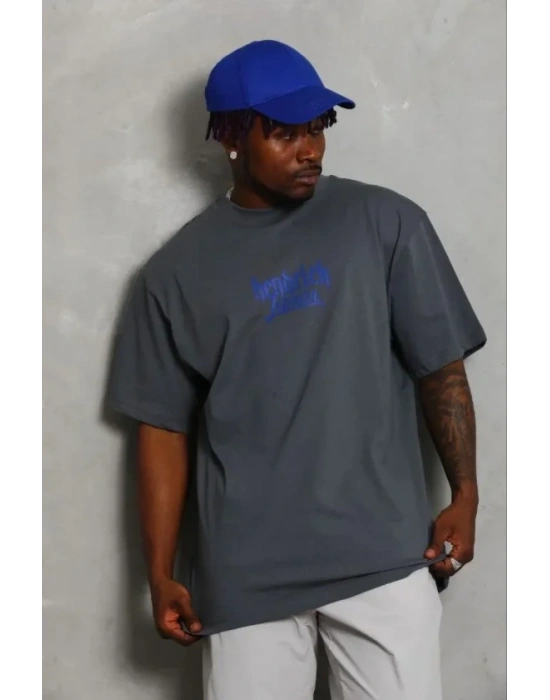 Erkek Baskılı Thirt Kısa Kol Bisiklet Yaka Regular Fit Rahat Kalıp Günlük Tişört  Füme