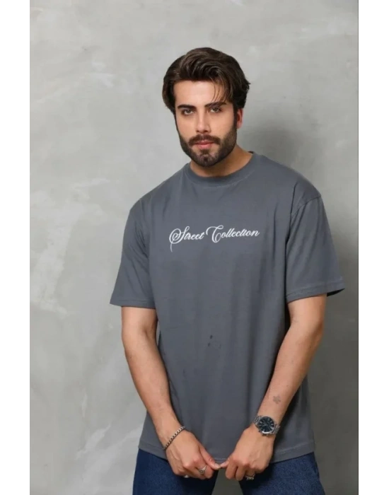 Erkek Baskılı Thirt Kısa Kol Bisiklet Yaka Regular Fit Rahat Kalıp Günlük Tişört  Füme