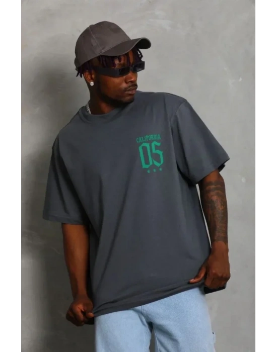 Erkek Baskılı Thirt Kısa Kol Bisiklet Yaka Regular Fit Rahat Kalıp Günlük Tişört  Füme