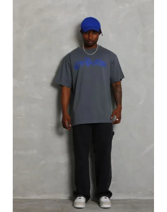 Erkek Baskılı Thirt Kısa Kol Bisiklet Yaka Regular Fit Rahat Kalıp Günlük Tişört  Füme