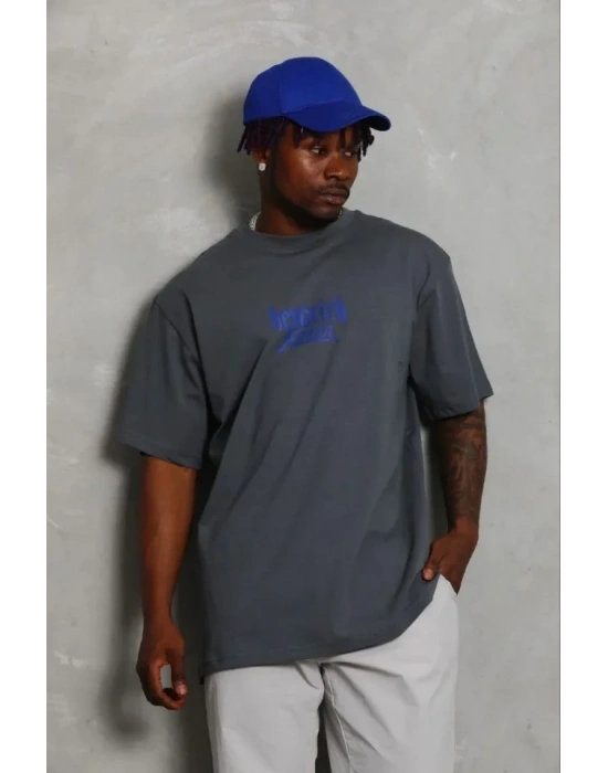 Erkek Baskılı Thirt Kısa Kol Bisiklet Yaka Regular Fit Rahat Kalıp Günlük Tişört  Füme